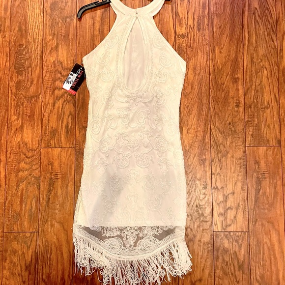 NWT White Beaded Fitted Dress with Fringe & Sequin Detail - Picture 4 of 11